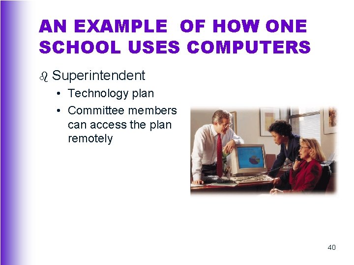 AN EXAMPLE OF HOW ONE SCHOOL USES COMPUTERS b Superintendent • Technology plan •