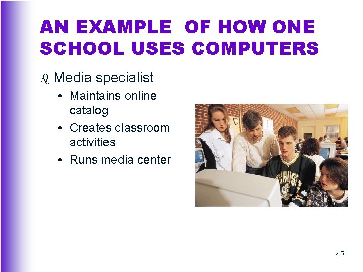 AN EXAMPLE OF HOW ONE SCHOOL USES COMPUTERS b Media specialist • Maintains online