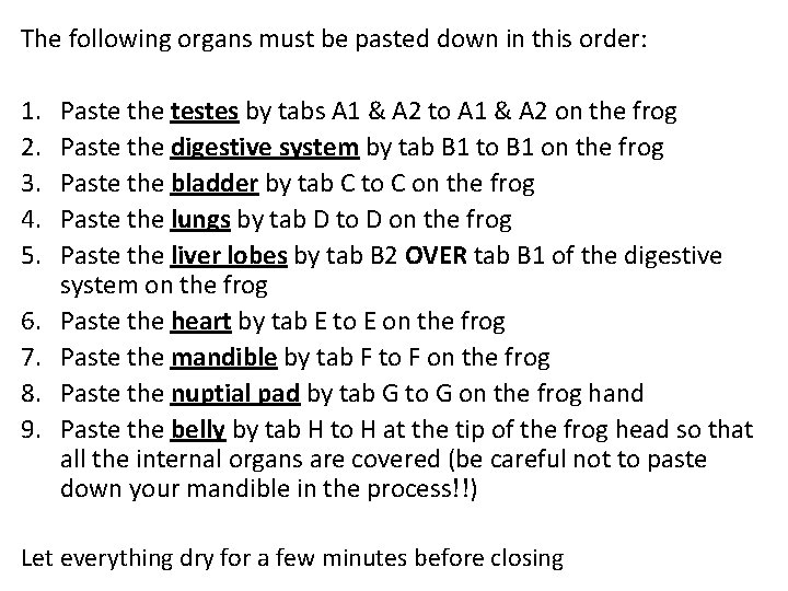 The following organs must be pasted down in this order: 1. 2. 3. 4.