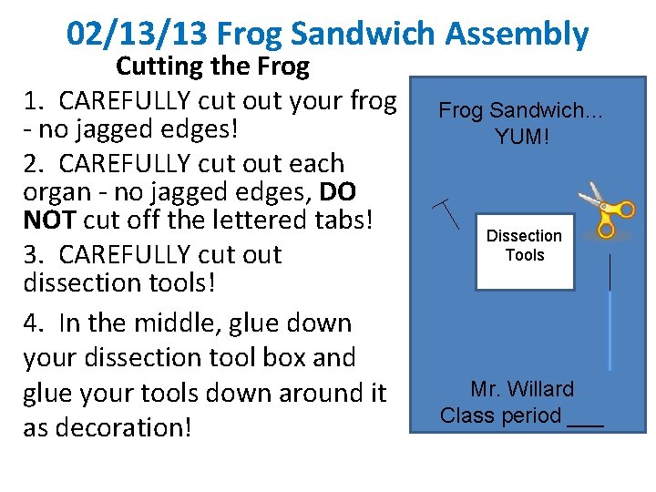 02/13/13 Frog Sandwich Assembly Cutting the Frog 1. CAREFULLY cut out your frog -