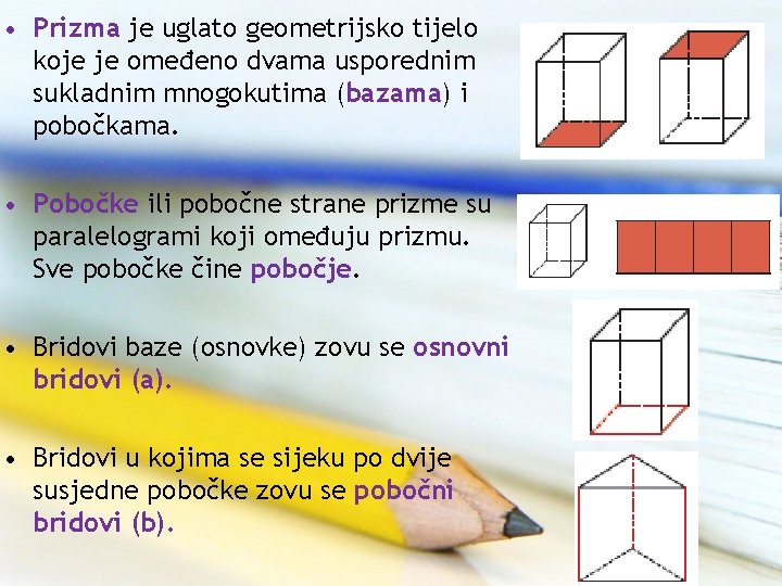  • Prizma je uglato geometrijsko tijelo koje je omeđeno dvama usporednim sukladnim mnogokutima