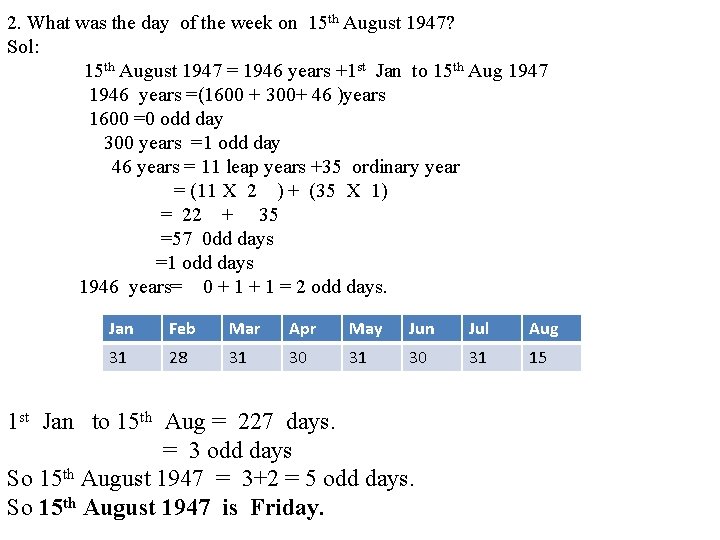 2. What was the day of the week on 15 th August 1947? Sol: