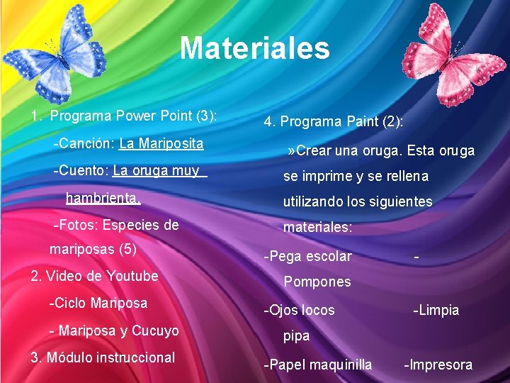 Materiales 1. Programa Power Point (3): -Canción: La Mariposita -Cuento: La oruga muy hambrienta.