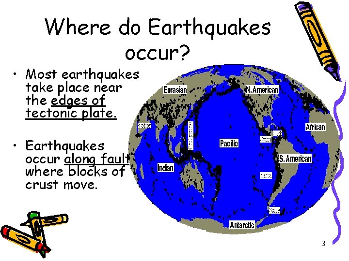 Where do Earthquakes occur? • Most earthquakes take place near the edges of tectonic