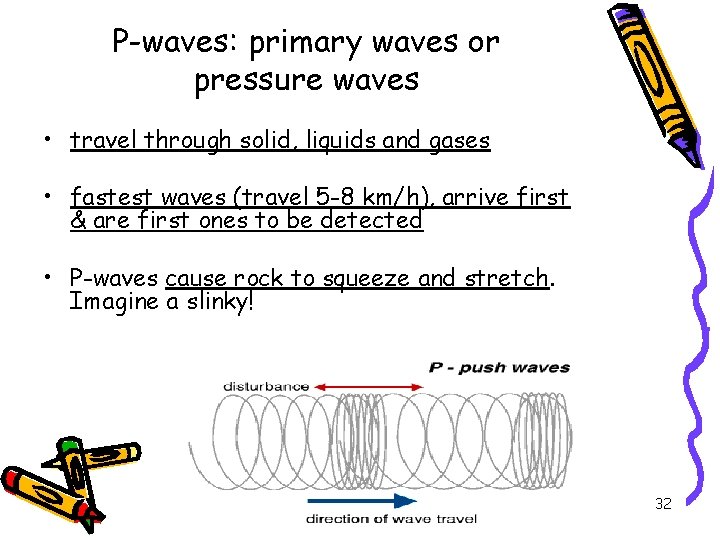 P-waves: primary waves or pressure waves • travel through solid, liquids and gases •