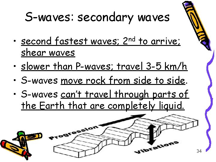 S-waves: secondary waves • second fastest waves; 2 nd to arrive; shear waves •