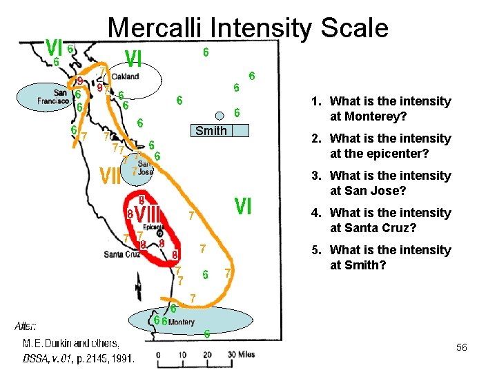 Mercalli Intensity Scale 1. What is the intensity at Monterey? Smith 2. What is