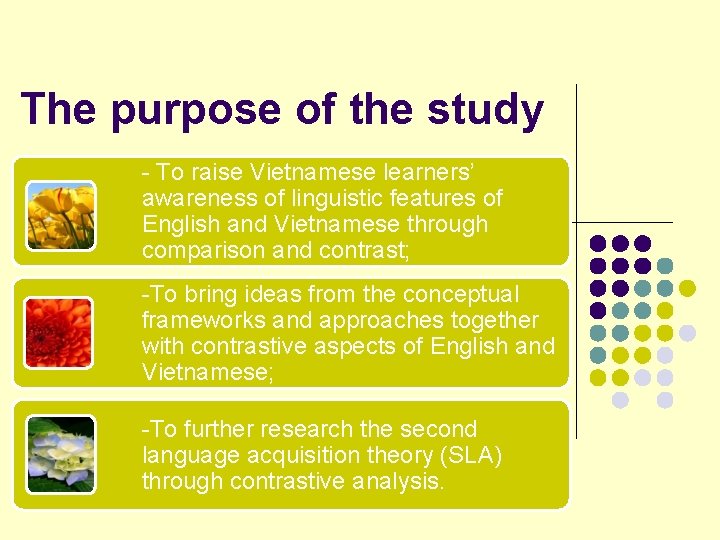 The purpose of the study - To raise Vietnamese learners’ awareness of linguistic features