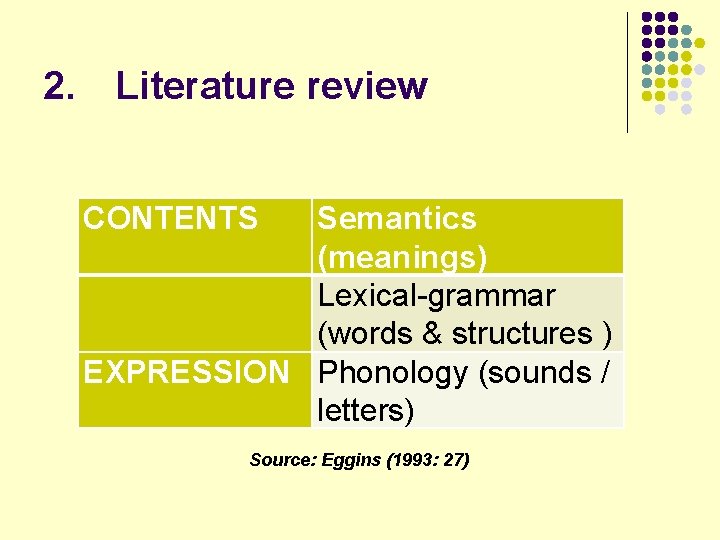 2. Literature review CONTENTS Semantics (meanings) Lexical-grammar (words & structures ) EXPRESSION Phonology (sounds