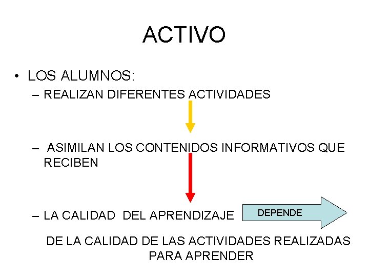 ACTIVO • LOS ALUMNOS: – REALIZAN DIFERENTES ACTIVIDADES – ASIMILAN LOS CONTENIDOS INFORMATIVOS QUE