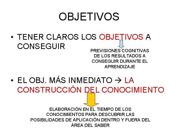 OBJETIVOS • TENER CLAROS LOS OBJETIVOS A CONSEGUIR PREVISIONES COGNITIVAS DE LOS RESULTADOS A