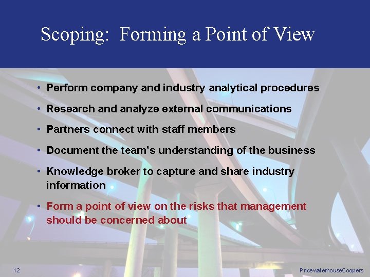 Scoping: Forming a Point of View • Perform company and industry analytical procedures •