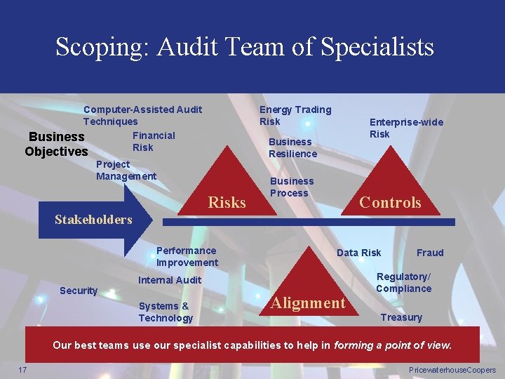 Scoping: Audit Team of Specialists Computer-Assisted Audit Techniques Financial Business Risk Energy Trading Risk