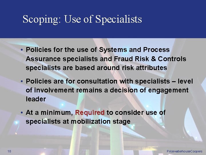 Scoping: Use of Specialists • Policies for the use of Systems and Process Assurance