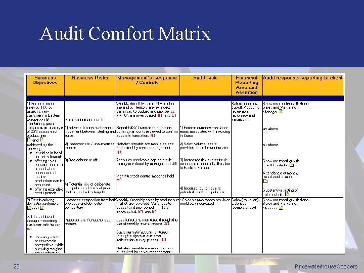 Audit Comfort Matrix 23 Pricewaterhouse. Coopers 