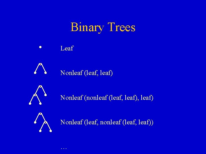Binary Trees Leaf Nonleaf (leaf, leaf) Nonleaf (nonleaf (leaf, leaf) Nonleaf (leaf, nonleaf (leaf, Binary Trees Leaf Nonleaf (leaf, leaf) Nonleaf (nonleaf (leaf, leaf) Nonleaf (leaf, nonleaf (leaf,