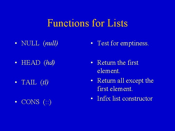 Functions for Lists • NULL (null) • Test for emptiness. • HEAD (hd) • Functions for Lists • NULL (null) • Test for emptiness. • HEAD (hd) •