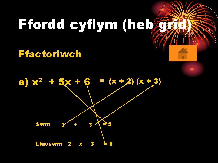 Ffordd cyflym (heb grid) Ffactoriwch a) x² + 5 x + 6 Swm +