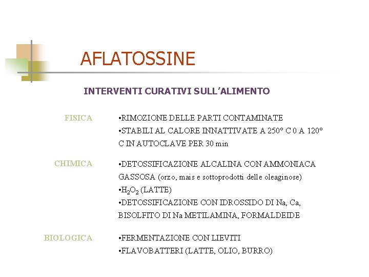 AFLATOSSINE INTERVENTI CURATIVI SULL’ALIMENTO FISICA • RIMOZIONE DELLE PARTI CONTAMINATE • STABILI AL CALORE