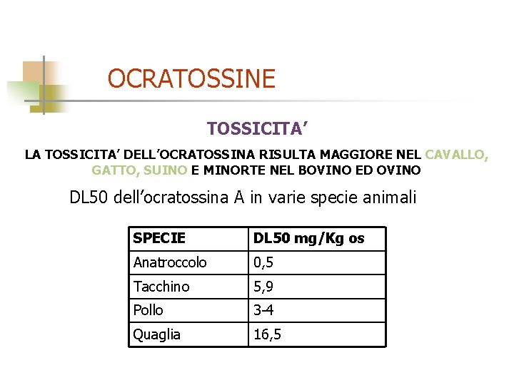 OCRATOSSINE TOSSICITA’ LA TOSSICITA’ DELL’OCRATOSSINA RISULTA MAGGIORE NEL CAVALLO, GATTO, SUINO E MINORTE NEL