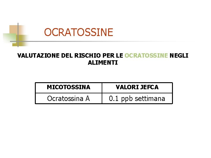 OCRATOSSINE VALUTAZIONE DEL RISCHIO PER LE OCRATOSSINE NEGLI ALIMENTI MICOTOSSINA VALORI JEFCA Ocratossina A