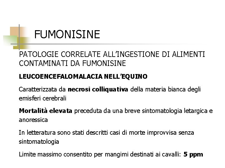 FUMONISINE PATOLOGIE CORRELATE ALL’INGESTIONE DI ALIMENTI CONTAMINATI DA FUMONISINE LEUCOENCEFALOMALACIA NELL’EQUINO Caratterizzata da necrosi