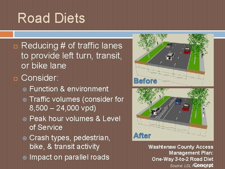 Road Diets Reducing # of traffic lanes to provide left turn, transit, or bike Road Diets Reducing # of traffic lanes to provide left turn, transit, or bike