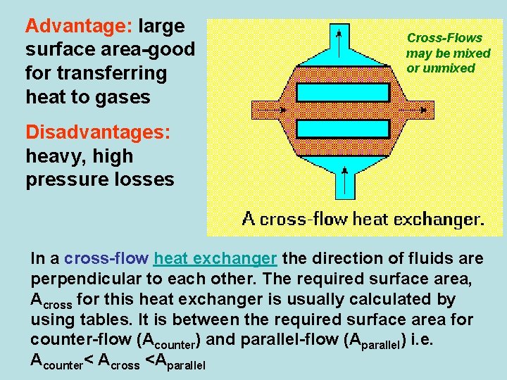 Advantage: large surface area-good for transferring heat to gases Cross-Flows may be mixed or