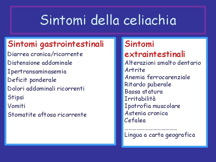 Sintomi della celiachia Sintomi gastrointestinali Diarrea cronica/ricorrente Distensione addominale Ipertransaminasemia Deficit ponderale Dolori addominali