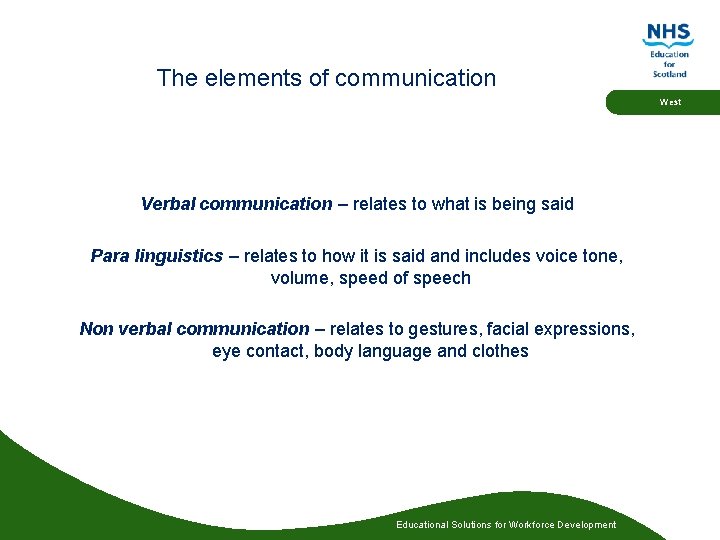 The elements of communication West Verbal communication – relates to what is being said The elements of communication West Verbal communication – relates to what is being said