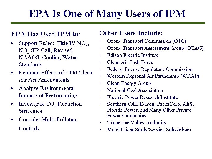 EPA Is One of Many Users of IPM EPA Has Used IPM to: Other