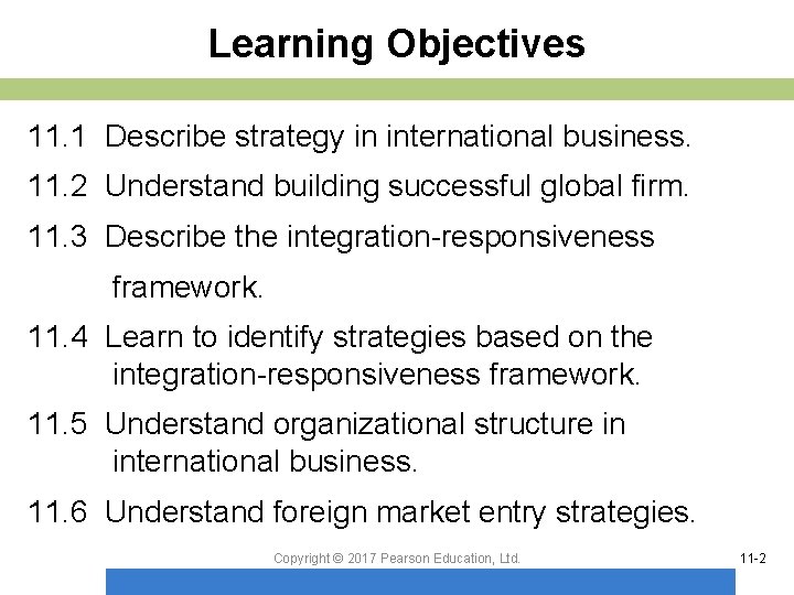 Learning Objectives 11. 1 Describe strategy in international business. 11. 2 Understand building successful