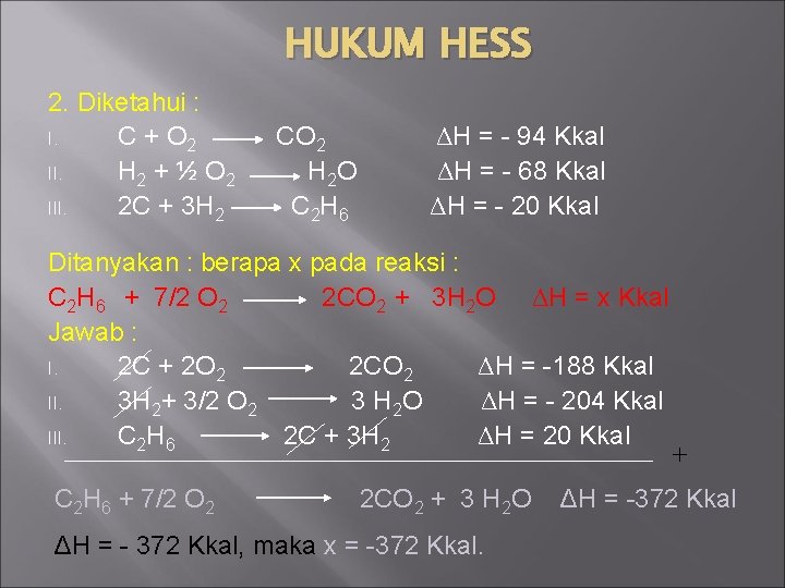 HUKUM HESS 2. Diketahui : I. C + O 2 II. H 2 +