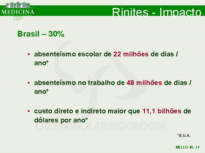 Rinites - Impacto Brasil – 30% • absenteísmo escolar de 22 milhões de dias Rinites - Impacto Brasil – 30% • absenteísmo escolar de 22 milhões de dias