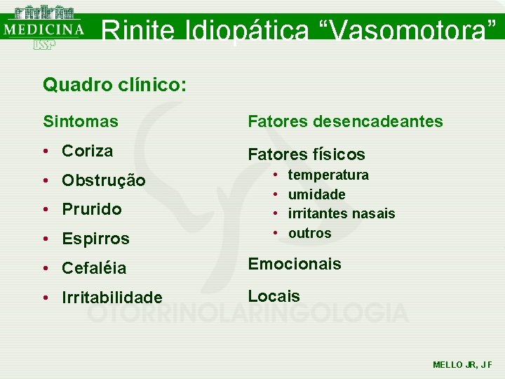 Rinite Idiopática “Vasomotora” Quadro clínico: Sintomas Fatores desencadeantes • Coriza Fatores físicos • Obstrução Rinite Idiopática “Vasomotora” Quadro clínico: Sintomas Fatores desencadeantes • Coriza Fatores físicos • Obstrução