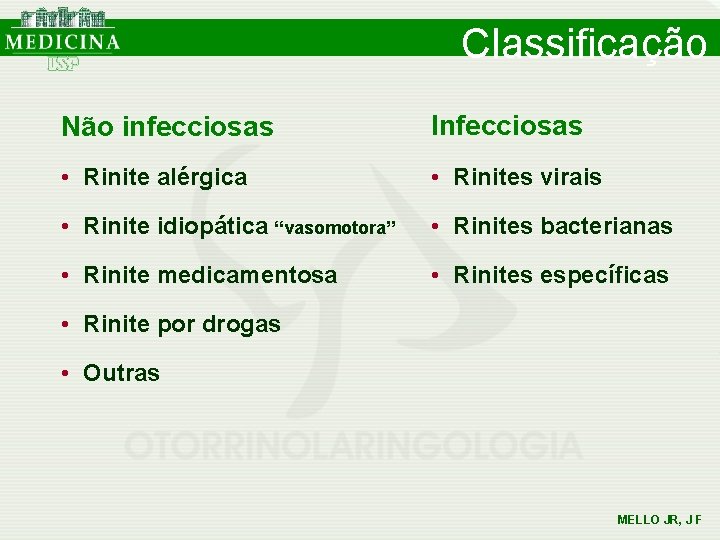 Classificação Não infecciosas Infecciosas • Rinite alérgica • Rinites virais • Rinite idiopática “vasomotora” Classificação Não infecciosas Infecciosas • Rinite alérgica • Rinites virais • Rinite idiopática “vasomotora”