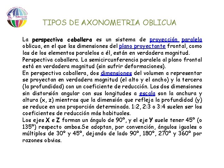 TIPOS DE AXONOMETRIA OBLICUA La perspectiva caballera es un sistema de proyección paralela oblicua,