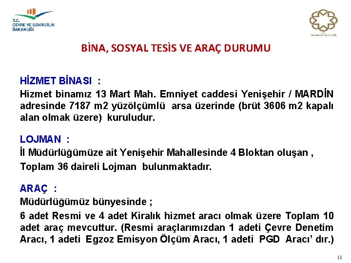 BİNA, SOSYAL TESİS VE ARAÇ DURUMU HİZMET BİNASI : Hizmet binamız 13 Mart Mah.