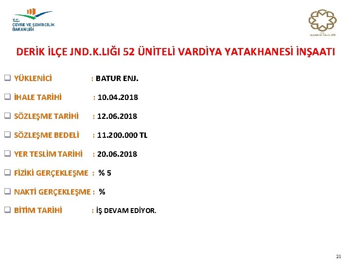 DERİK İLÇE JND. K. LIĞI 52 ÜNİTELİ VARDİYA YATAKHANESİ İNŞAATI q YÜKLENİCİ : BATUR