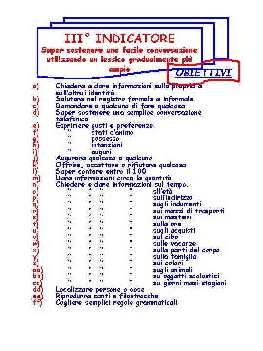 III° INDICATORE Saper sostenere una facile conversazione utilizzando un lessico gradualmente più ampio OBIETTIVI