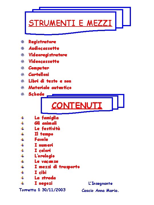 STRUMENTI E MEZZI Registratore Audiocassette Videoregistratore Videocassette Computer Cartelloni Libri di testo e non