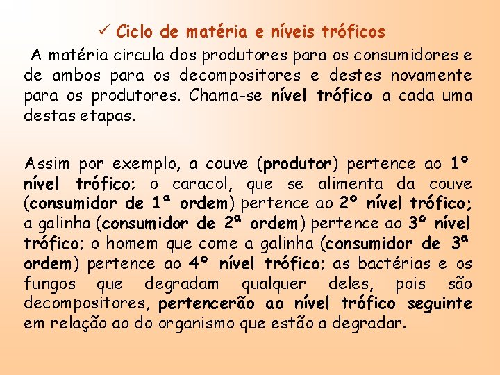 ü Ciclo de matéria e níveis tróficos A matéria circula dos produtores para os