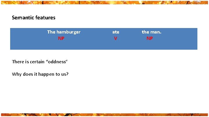Semantic features The hamburger NP There is certain “oddness” Why does it happen to