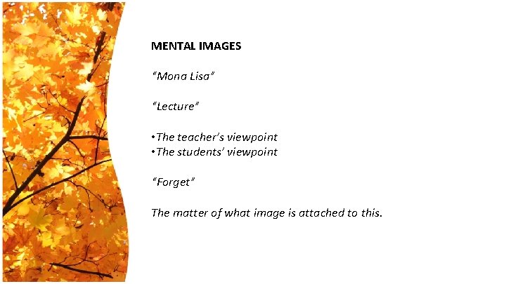 MENTAL IMAGES “Mona Lisa” “Lecture” • The teacher’s viewpoint • The students’ viewpoint “Forget”