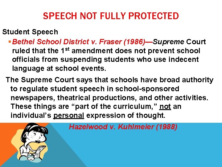 SPEECH NOT FULLY PROTECTED Student Speech § Bethel School District v. Fraser (1986)—Supreme Court