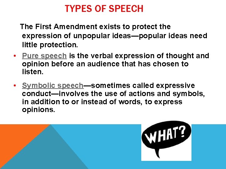 TYPES OF SPEECH The First Amendment exists to protect the expression of unpopular ideas—popular