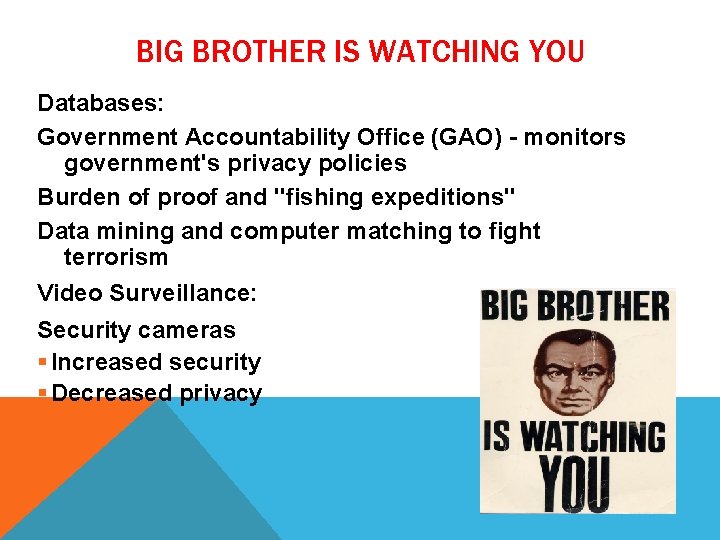 BIG BROTHER IS WATCHING YOU Databases: Government Accountability Office (GAO) - monitors government's privacy