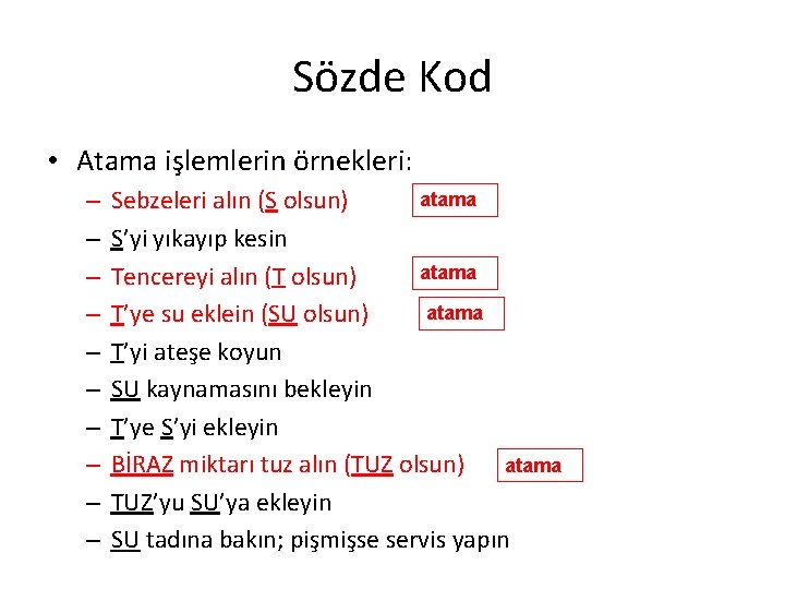 Sözde Kod • Atama işlemlerin örnekleri: – – – – – atama Sebzeleri alın