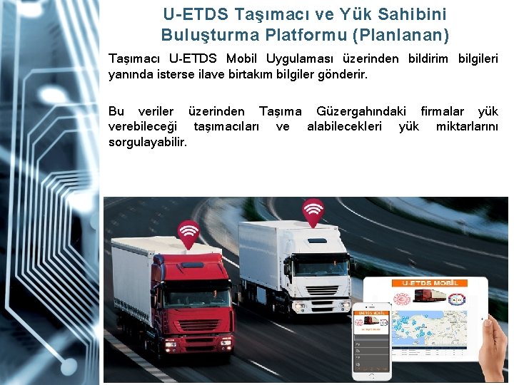 U-ETDS Taşımacı ve Yük Sahibini Buluşturma Platformu (Planlanan) Taşımacı U-ETDS Mobil Uygulaması üzerinden bildirim