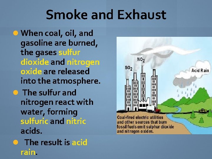 Smoke and Exhaust When coal, oil, and gasoline are burned, the gases sulfur dioxide